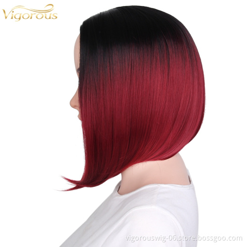 Vendor high quality premium wholesale Ombre red short straight wavy hair synthetic heat resistant wig lace front black women